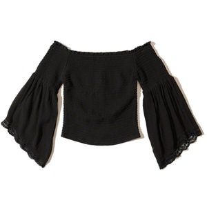 black smocked off the shoulder bell sleeve top
